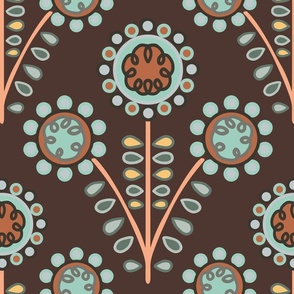 C009 – Large jumbo scale teal grey, terracotta and brown  bold retro vintage symmetrical primitive maximalist floral – for kids decor, wallpaper, duvet covers and curtains, pillows, tablecloths and funky apparel