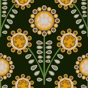 C009 – Large jumbo scale  golden yellow, sage green and dark grey bold retro vintage symmetrical primitive maximalist floral – for kids decor, wallpaper, duvet covers and curtains, pillows, tablecloths and funky apparel