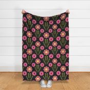 C009 – Large jumbo scale hot pink, mustard, dark grey and olive green bold retro vintage symmetrical primitive maximalist floral – for kids decor, wallpaper, duvet covers and curtains, pillows, tablecloths and funky apparel