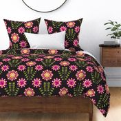 C009 – Large jumbo scale hot pink, mustard, dark grey and olive green bold retro vintage symmetrical primitive maximalist floral – for kids decor, wallpaper, duvet covers and curtains, pillows, tablecloths and funky apparel