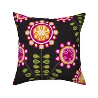 C009 – Large jumbo scale hot pink, mustard, dark grey and olive green bold retro vintage symmetrical primitive maximalist floral – for kids decor, wallpaper, duvet covers and curtains, pillows, tablecloths and funky apparel