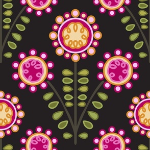 C009 – Large jumbo scale hot pink, mustard, dark grey and olive green bold retro vintage symmetrical primitive maximalist floral – for kids decor, wallpaper, duvet covers and curtains, pillows, tablecloths and funky apparel