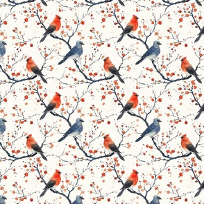 Bird Themed Botanical Style Pattern Design with Red White Blue