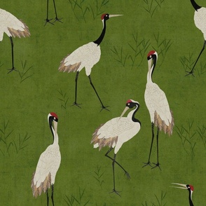 Vibrant Chinoiserie Cranes - Moss Green