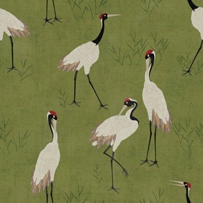 Vibrant Chinoiserie Cranes - Olive Green