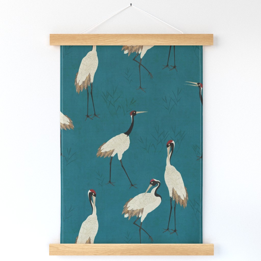 Vibrant Chinoiserie Cranes - Teal Blue