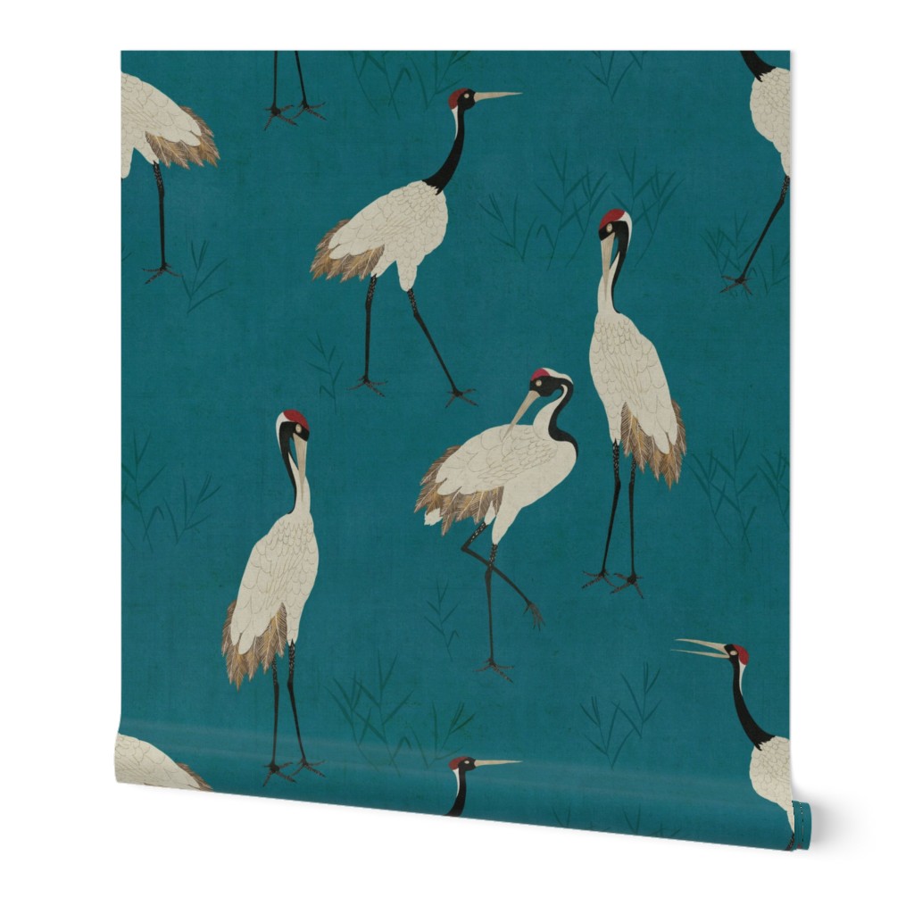 Vibrant Chinoiserie Cranes - Teal Blue