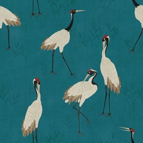 Vibrant Chinoiserie Cranes - Teal Blue