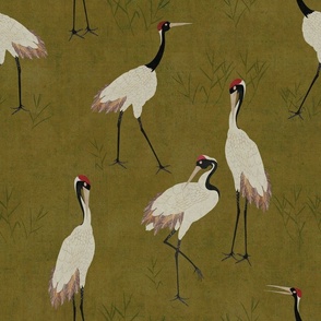 Vibrant Chinoiserie Cranes - Deep Mustard Yellow