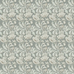 (XS/textured) v.3 Hellebore Garden on Dark Sage Green / Victorian-Era Floral / Arts and Crafts Style / WGD-143 (darker) Background  / small tiny scale  / see other scales in collection