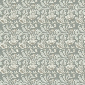 (XS/textured/dark) v.3 Hellebore Garden on Dark Sage Green / Victorian-Era Floral / Arts and Crafts Style / WGD-143 (darker) Background  / small tiny scale  / see other scales in collection