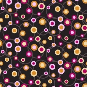 C008 – Small scale retro warm dark grey, mauve, hot pink and mustard yellow vintage geometric maximalist spots and circles – for kids apparel, children’s duvet covers and curtains ,patchwork, quilting, pillows, tablecloths and funky apparel