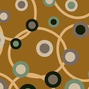 C008 - Large scale bold retro khaki mustard, sage green, cream and grey vintage naive maximalist Folk Floral circle coordinate with rings and spots - for wallpaper, duvet covers, kids apparel, dopamine décor