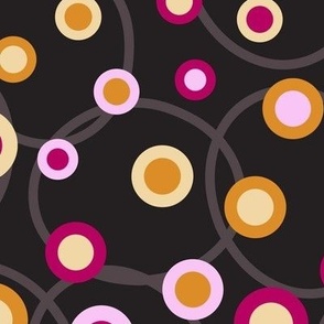 C008 - Large scale bold warm dark grey, mauve, hot pink and mustard yellow retro vintage naive maximalist Folk Floral circle coordinate with rings and spots - for wallpaper, duvet covers, kids apparel, dopamine decor