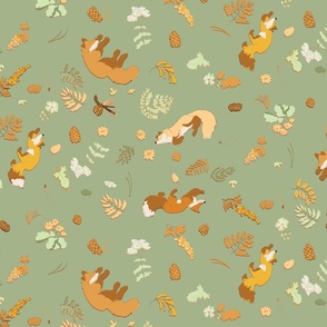 Foxes, Ferns, and Flowers on Green (am24-a5)