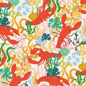 (L) _ Red Lobsters and Colorful Corals on Creme White