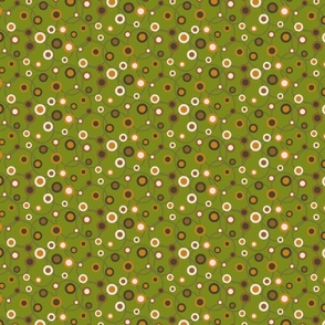 C008 – Small scale bright olive green mustard yellow, brown and off white retro vintage geometric maximalist spots and circles – for kids apparel, children’s duvet covers and curtains, patchwork, quilting, pillows, tablecloths and funky apparel