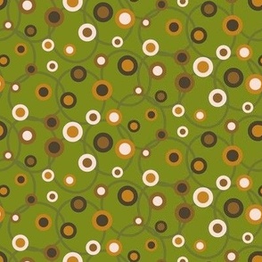 C008 – Small scale bright olive green mustard yellow, brown and off white retro vintage geometric maximalist spots and circles – for kids apparel, children’s duvet covers and curtains, patchwork, quilting, pillows, tablecloths and funky apparel
