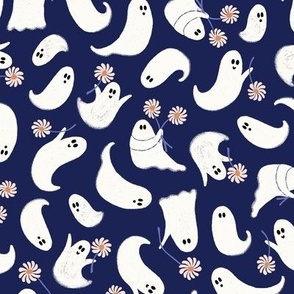cute Halloween ghosts with flowers on violet - medium size
