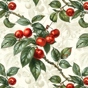 Red Cherries Pattern Design Botanical Toile Style Wallpaper Fabric Decor