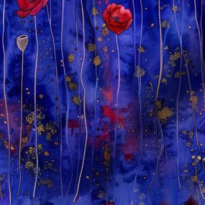 Poppies in Red on Cobalt Blue