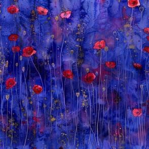 Poppies in Red on Cobalt Blue