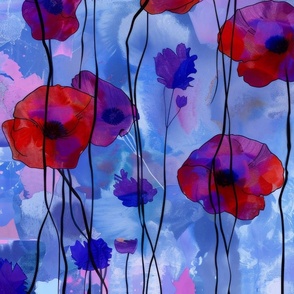 Red Poppies on Periwinkle Blue