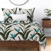 Bird of Paradise Toile with Blue Green V1 Flowers by kedoki on linen background