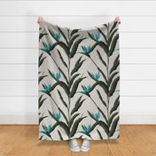 Bird of Paradise Toile with Blue Green V1 Flowers by kedoki on linen background