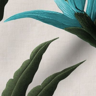 Bird of Paradise Toile with Blue Green V1 Flowers by kedoki on linen background