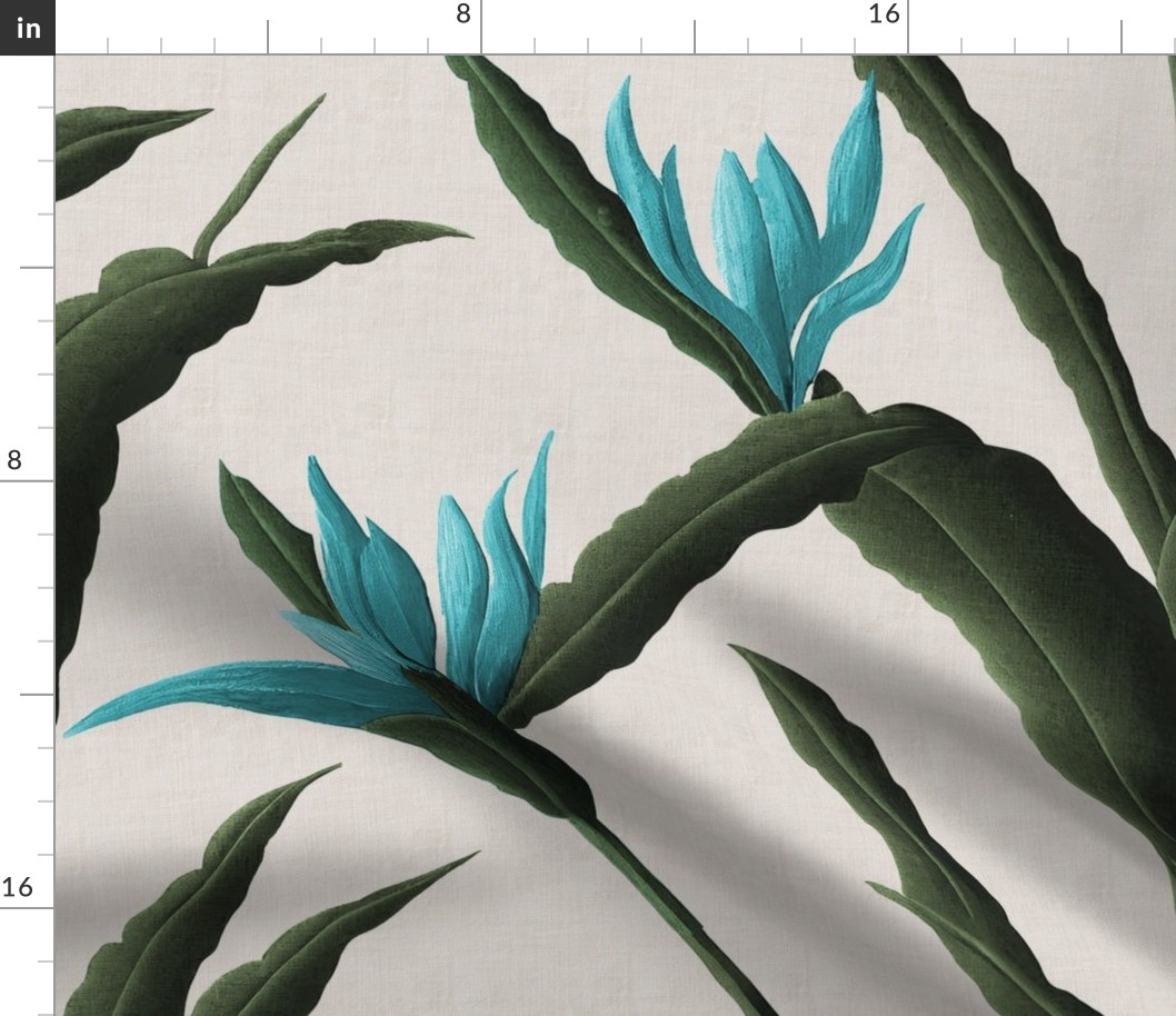 Bird of Paradise Toile with Blue Green V1 Flowers by kedoki on linen background