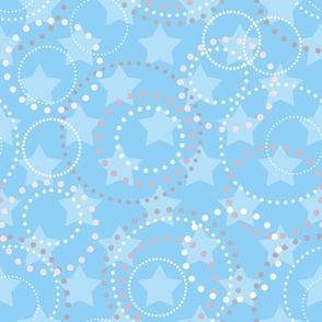 light blue pattern of retro circles with polka dots on a starry background