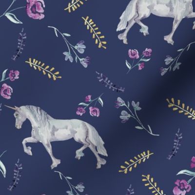 Whimsical floral Unicorns- Navy Vintage