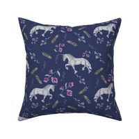 Whimsical floral Unicorns- Navy Vintage