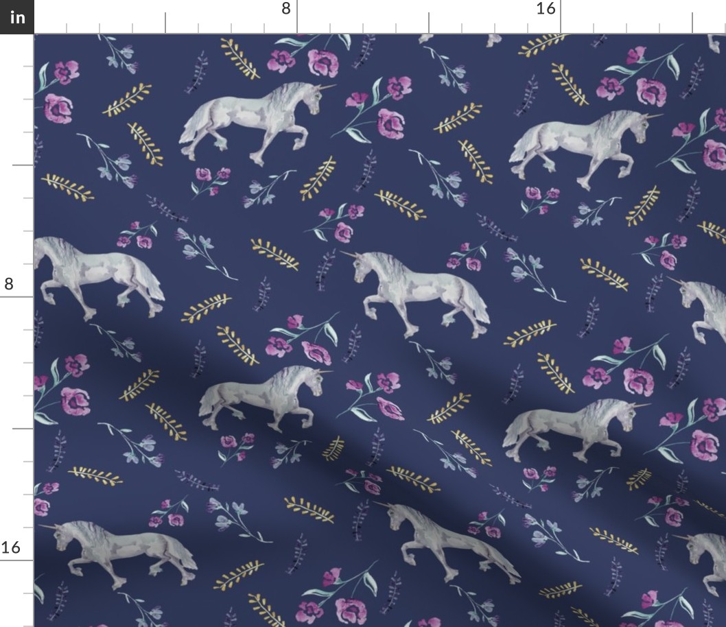 Whimsical floral Unicorns- Navy Vintage