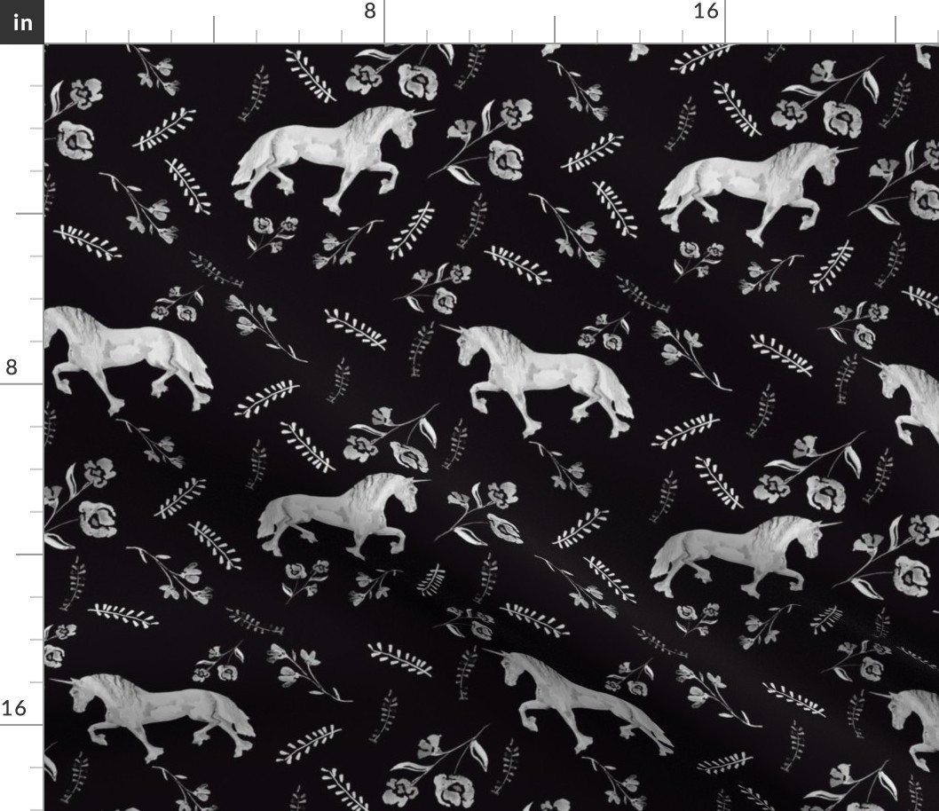 whimsical floral unicorns - black and grey 