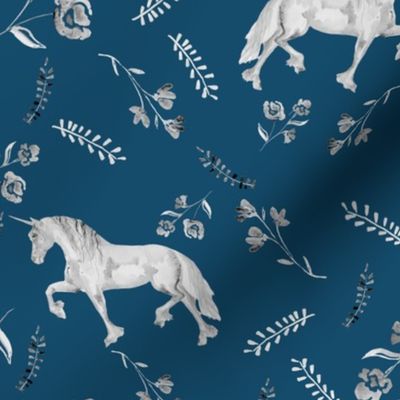 Whimsical Floral Unicorns- Deep Teal and slate