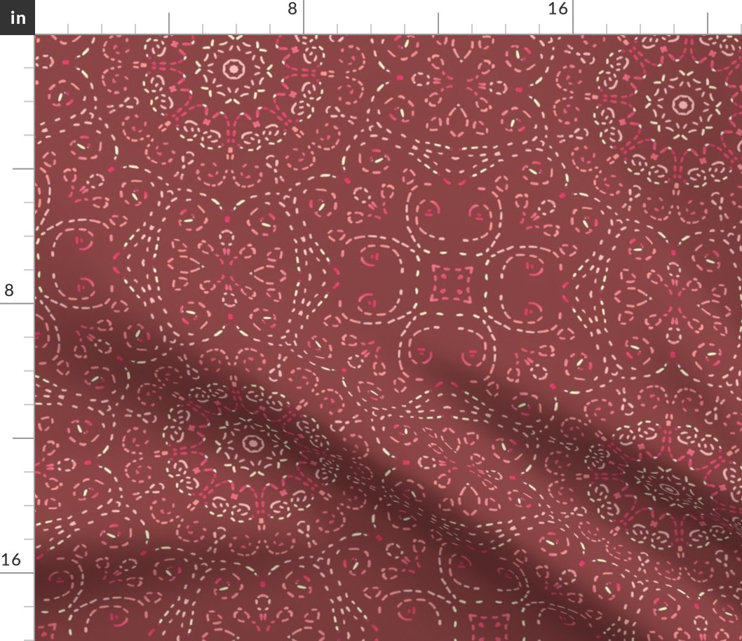 Kaleidoscope Garden Pink on Red Brown with Embroidery Illusion