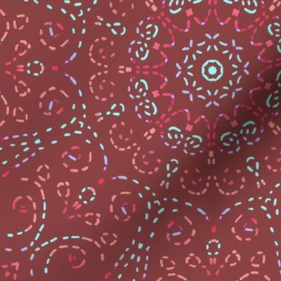 Kaleidoscope Garden Pink and Light Blue on Red Brown with Embroidery Illusion