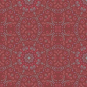 Kaleidoscope Garden Pink and Light Blue on Red Brown with Embroidery Illusion