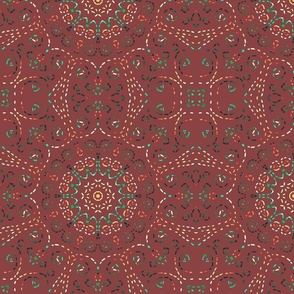 Kaleidoscope Garden Red Brown with Embroidery Illusion