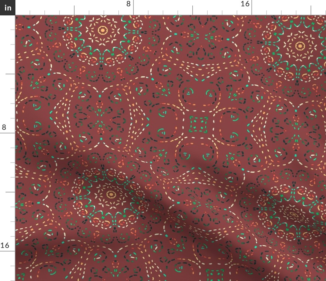 Kaleidoscope Garden Red Brown with Embroidery Illusion