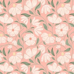 (S)-Romantic Vintage Floral- Wild Daisy- Modern Retro Flowers-Cottagecore-Salmon pink-Orange-Cream-Green 