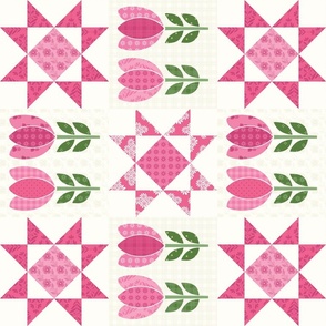 6" Quilt Block StartTooth Star and Tulips Cheater Quilt - rotated