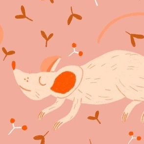 Whimsical Mouse Linocut Pattern for Kids Bedding in Pink and Earthy Tones – Big scale