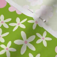 Pink Ditsy Blossoms on Apple Green Floral Print - Large 20” repeat -Perfect for Bedding