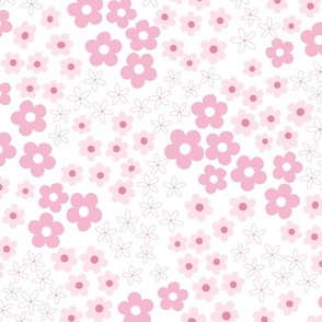  Pink Ditsy Blossoms on White Floral Print - Large 20” repeat - Perfect for Bedding