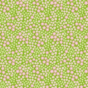 Pink Ditsy Blossoms on Apple Green Floral Print - Small 7” repeat Print -Spring Quilting Fabric