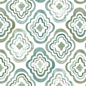 Hand Painted Watercolor Moroccan - Grey Greens  - Medium Scale 