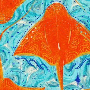 Textured stingray - orange red with blue background, large